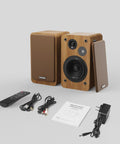 Bookshelf Studio Monitor Speakers 36W RMS Active Bluetooth 5.4 Wireless USB Audio For Turntable PC with accessories on display.