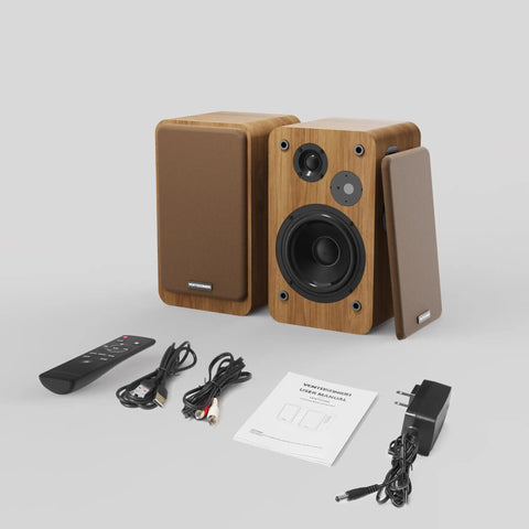 Bookshelf Studio Monitor Speakers 36W RMS Active Bluetooth 5.4 Wireless USB Audio For Turntable PC with accessories on display.