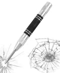 Knockout 5 Inch Automatic Center Punch Marker Spring Loaded Self Centering Hole Starter For Metal Wood And Plastic One Handed Comfort Grip Silver Precision Work Tool showing impact on a cracked surface.