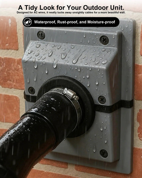 Hassle Free Hvac Wall Penetration Cover Kit With Soft Seal Gasket shielding outdoor AC systems with water droplets.