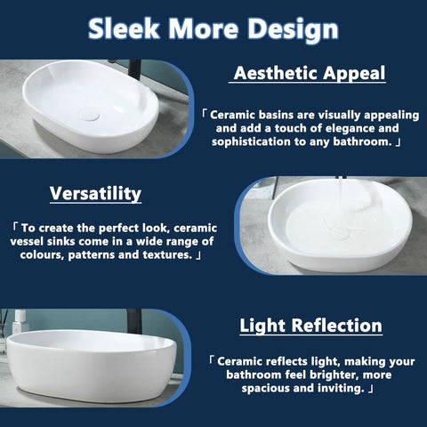 Oval Vessel Sink 19x14 Inches Ceramic Above Counter White Porcelain Modern Art Basin For Lavatory Vanity Cabinet Sleek Dope Look Durable White Glaze Easy Clean Contemporary Bathroom Fixture