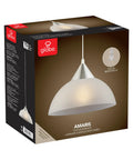 Dead Center Style Plug And Play Pendant With Brushed Steel Finish Frosted White Shade And A No Sweat 15 Foot Clear Cord With Inline Switch packaging on a brown background.