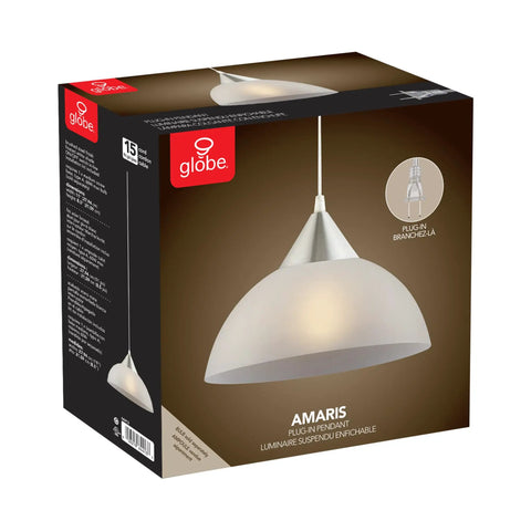Dead Center Style Plug And Play Pendant With Brushed Steel Finish Frosted White Shade And A No Sweat 15 Foot Clear Cord With Inline Switch packaging on a brown background.