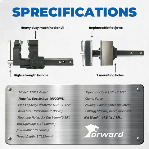 Slide Right Into Any 2 Inch Receiver This Heavy Duty 6 Inch Hitch Vise Grips Metal Pipes specifications image detailing features and dimensions.