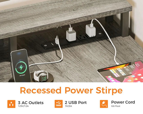 Power outlets and USB ports on 75 Inch L Shaped Desk With File Drawers And Power Outlet For Home Office in grey oak.