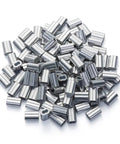 1/16 Inch Aluminum Wire Rope Ferrules Loop Sleeves Crimping Set 200 Pieces For Cable Crimps Pro Grade Aluminum With Easy Lock Ends To Lock Tight Using Pliers Or Vise Smooth Clean Crimps On Small Diameter Rope, pile of aluminum ferrules