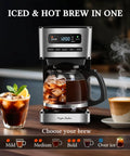 Programmable 12 Cup Coffee Maker With Four Brew Strength Options Hot And Iced Coffee Large LED Display shown with iced and hot coffee