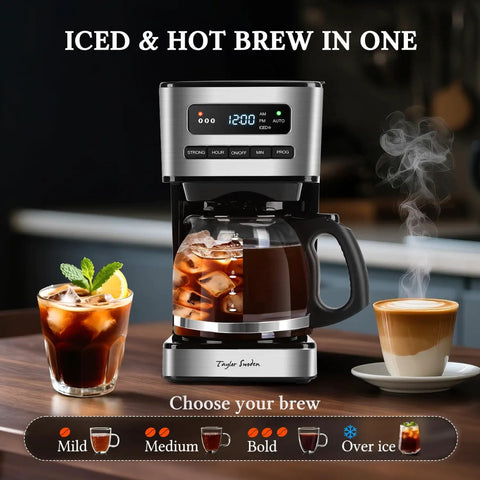 Programmable 12 Cup Coffee Maker With Four Brew Strength Options Hot And Iced Coffee Large LED Display shown with iced and hot coffee
