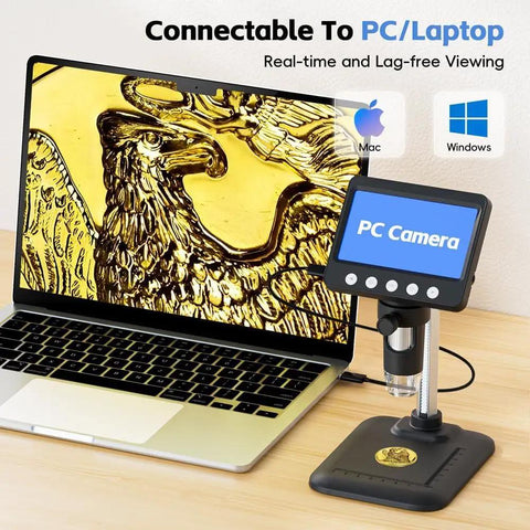 4.3 Inch LCD Digital Microscope For Adults With 50X To 1000X Zoom connected to laptop displaying coin details