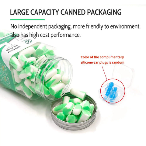 Ultra Soft Foam Ear Plugs For Sleep 60 Pairs With 38dB SNR Noise Reduction, green and white two-tone, in large capacity packaging.