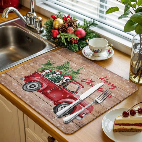 Holiday Dish Drying Mat For Kitchen Counter With Red Truck Cows Pine Trees Snowflakes Wood Grain Design Absorbent Microfiber