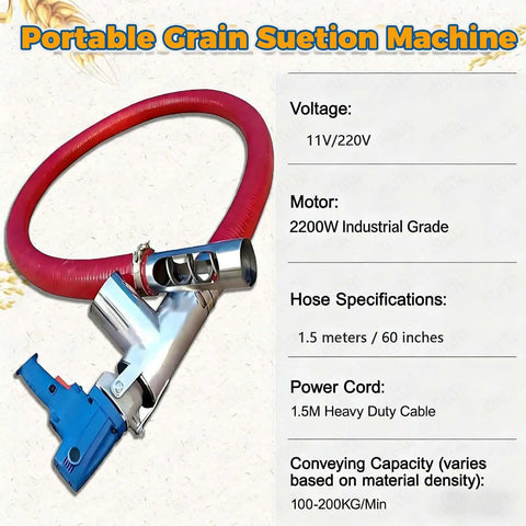 Portable Grain Sucker Auger Conveyor With 2000W High Torque Motor, Lightweight Compact Workhorse for home farm use, red hose and metal nozzle