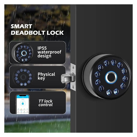 Heavy Duty Drip Proof Smart Deadbolt Lock With Touch Keypad For Front Doors showing touchpad with IP55 waterproof design.