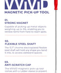 Magnetic Grabber Tool With 3 Lbs Lifting Capacity And 23 Inch Flexible Steel Shaft, red handle, instructions on features.