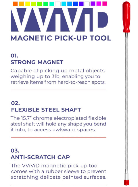 Magnetic Grabber Tool With 3 Lbs Lifting Capacity And 23 Inch Flexible Steel Shaft, red handle, instructions on features.