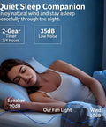 Woman sleeping peacefully next to the MENGLANSI Flush Mount Fan Light, showcasing comfort and low noise levels.