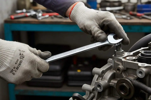 Mechanic using 12 Piece 12 Point Metric Wrench Set 8mm To 19mm With 15 Degree Ring Head Angles And Hip Grip Ends