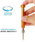 Hand holding Gold Micro Precision Pro Grade Tiny Screwdriver Set For Electronics And Eyeglasses With Five Magnetic Bits