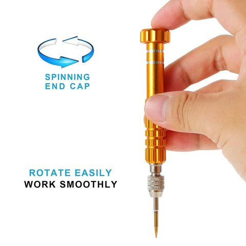 Hand holding Gold Micro Precision Pro Grade Tiny Screwdriver Set For Electronics And Eyeglasses With Five Magnetic Bits