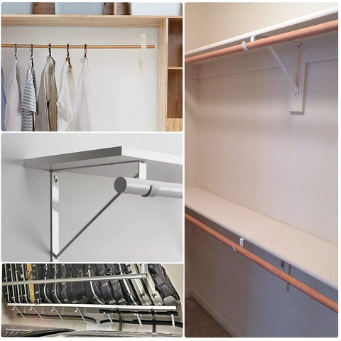 Heavy Duty Closet Shelf Rod Brackets 4 Pack 11X11 Inch White Steel Wall Mounts holding clothes and shelves in closets.