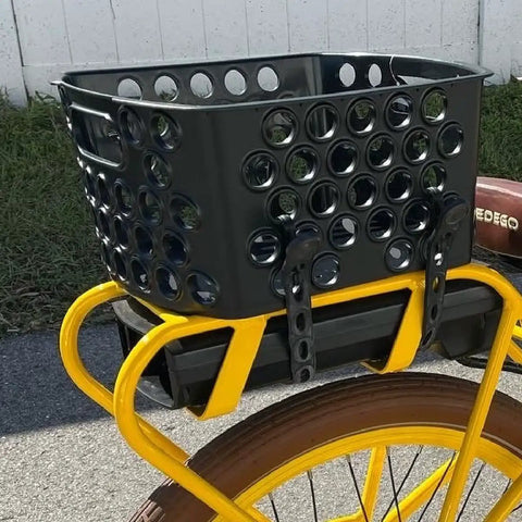 Rack Ready Universal E Bike Basket Easy On Off Fits Any Rack Including Electric Bikes With Rear Batteries No Fuss Heavy Duty Molded PP 14 By 12 By 7 Inches 850 Cubic Inches 25 Pound Capacity Lightweight 2 Pound Basket