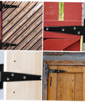 Eight Pack 5 Inch Galvanized Black Tee Hinges on various wooden doors, heavy duty metal hinges for cabinets and shed doors
