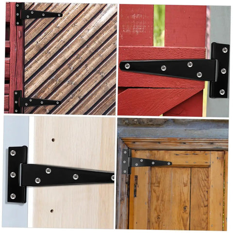 Eight Pack 5 Inch Galvanized Black Tee Hinges on various wooden doors, heavy duty metal hinges for cabinets and shed doors