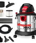 No Sweat 5 Gallon Stainless Steel Wet Dry Vacuum Featuring 4.5 Peak Horsepower Motor with accessories for quick cleanup.
