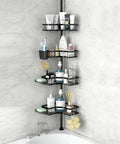 Corner Shower Caddy Tension Pole 4 Tier Rustproof Shelves Adjustable Floor Standing Bath Rack Holder Waterproof Bathroom Storage For Shampoo Conditioner And More Black installed in corner over bathtub.