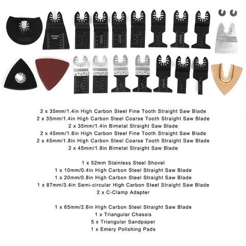 Image of 26 Piece Oscillating Saw Blades Set For Multitool High Carbon Steel Blades For Wood Metal Plastic PVC with sandpaper pads