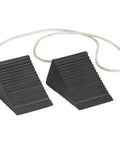 Two Pack Compact Wheel Chocks Solid Rubber For Small Vehicles And Trailers With Firm Grip And Durable Construction Black Parking Safety Accessory For Home Garage Or Job Site, showing two black chocks with ribbed surface and rope handle.