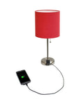 Sleek Brushed Steel Table Lamp With Built-In Charging Outlet, Red Drum Shade, Modern Desk Light, Model LT2024-WHT, with charging phone