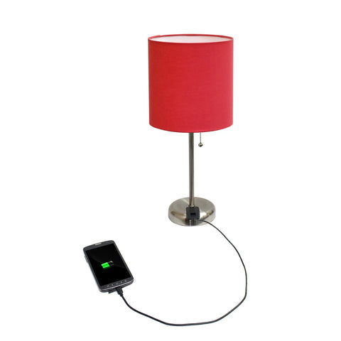 Sleek Brushed Steel Table Lamp With Built-In Charging Outlet, Red Drum Shade, Modern Desk Light, Model LT2024-WHT, with charging phone