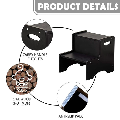 Knockout Grip Two Tier Kids Step Stool, Bathroom Sink Booster With Snug Handrails And Non Slip Base Pads For Potty Learning Or Kitchen Counter Reach, Straight Up Durable Build Crafted From Dense Birch Wood In Matte Black