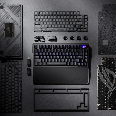 Wireless Mechanical Gaming Keyboard With Gasket Mount And 75 Layout Using Clicky Pbt Keycaps Brushed Aluminum Build on a flat surface with components.