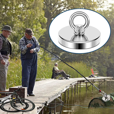 Ultra Strong Neodymium Fishing Magnet 1200 Lbs Pulling Power Three Point Nine Four Inch Diameter With Countersunk Hole Eyebolt in use by anglers