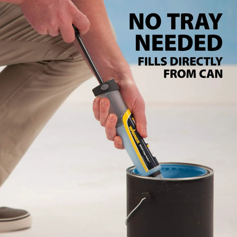Person filling Smart Edge 3 Inch Mini Paint Roller Kit With No Tray Design directly from paint can, showing in-handle reservoir feature.