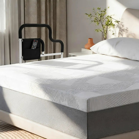 Bedside Support Handle For Seniors And Elderly, Sturdy L Shaped Bed Rail In Black, attached to bed, showing remote holder