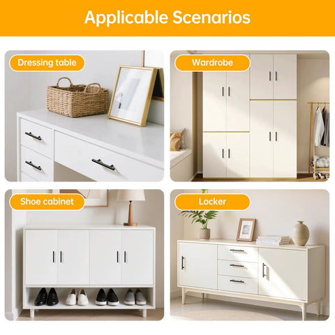 24 Pack 5 Inch Stainless Steel Cabinet Pulls With Brushed Nickel Finish 3 Inch Center To Center Hole Spacing For Kitchen And Bathroom Cabinets Rust Resistant And Durable shown on dressing table, wardrobe, shoe cabinet, and locker.