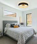 Cool Modern Flush Mount Ceiling Light Fixture With Gray Linen Drum Shade And Black Canopy Four Light Overhead in bedroom.