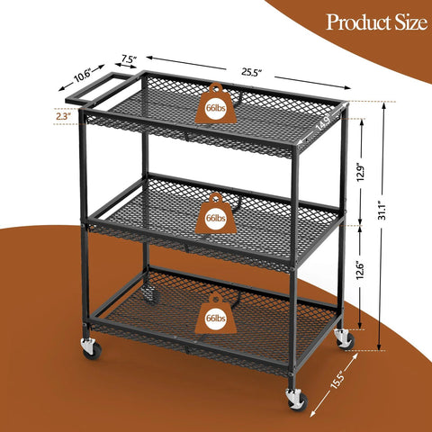 Three Tier Rolling Utility Kitchen Cart With Heavy Duty Metal Construction And Wire Shelves On Wheels, dimensions and weight capacity