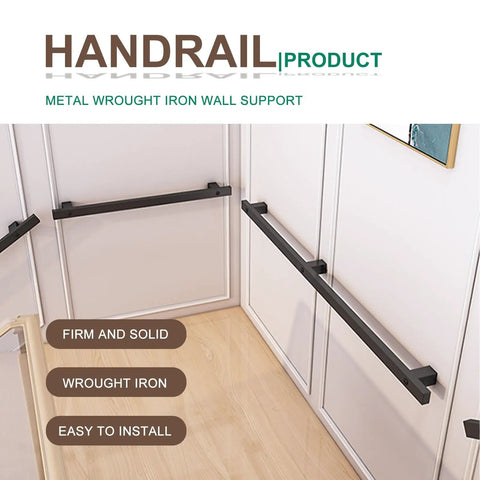 Rock Solid Black Wrought Iron Handrail For Stairs And Hallways With Hidden Mounting Screws Plus Durable Non Slip Grip and Decorative Support Railing in a home setting.