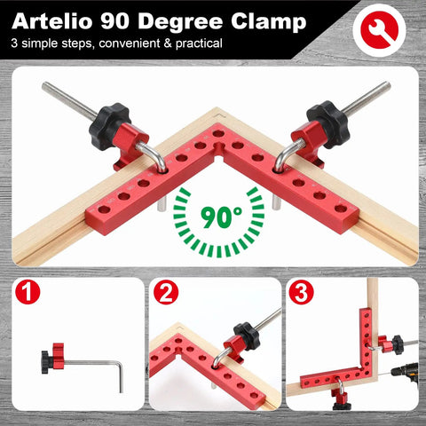 Heavy Duty 90 Degree Corner Clamps For Woodworking 4 Pack 5.5 Inch Aluminum Right Angle Squares included with a clamped wood frame.