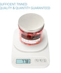 Jar of Massive 200 Count T Tap Wire Connectors Kit on scale, showing weight with label for AWG 22 To 18 Quick Splice Red Terminals