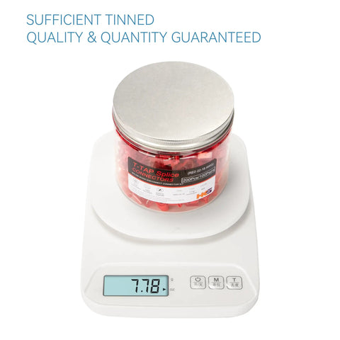 Jar of Massive 200 Count T Tap Wire Connectors Kit on scale, showing weight with label for AWG 22 To 18 Quick Splice Red Terminals