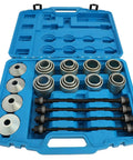Open blue case displaying 28 Piece Master Press And Pull Sleeve Kit For Removing Bearings Bushings And Seals In Cars And Light Commercial Vehicles Heavy Duty 45 Carbon Steel Construction Universal Fit Essential Garage Tool Set For Pros And DIY