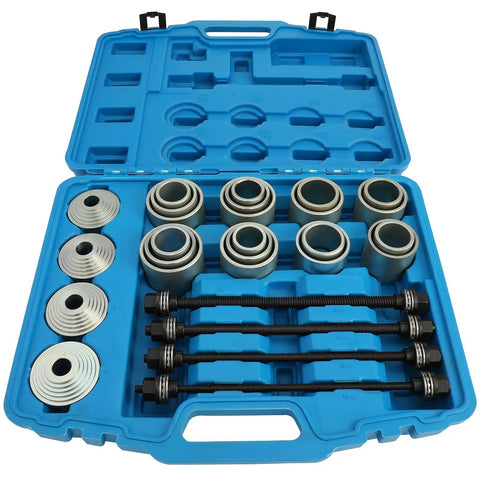 Open blue case displaying 28 Piece Master Press And Pull Sleeve Kit For Removing Bearings Bushings And Seals In Cars And Light Commercial Vehicles Heavy Duty 45 Carbon Steel Construction Universal Fit Essential Garage Tool Set For Pros And DIY