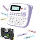 Handheld Electric Label Maker With Keyboard And BZ Laminated Tapes Offering Super Slick Operation, showing labels and tape.