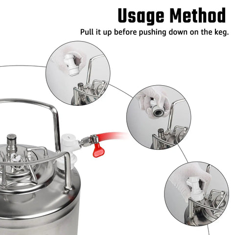 Two Pack Ball Lock Disconnect Fittings With Five Sixteenths Inch Stainless Steel Gas Barb For Kegging Setups, MFL Quick Disconnect Swivel Nut Design, Compatible With Ball Lock Posts And Sankey Adapters. on keg post
