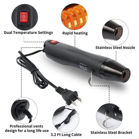 Pro Craft Heat Gun 110V 350W With Ultra Long 3.28Ft Cord Stand Handy Portable Hot Air Tool showing features and components